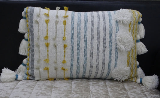 14" X 20" Blue and Yellow Striped Cotton Blend Zippered Pillow With Tassels