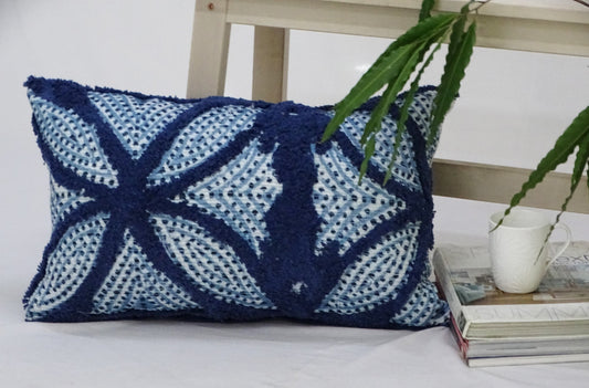 14" X 24" Blue And Light Blue Zippered Cotton Blend Trellis Throw Pillow