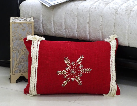 14" X 20" Red Zippered Cotton Blend Christmas Snowflakes Throw Pillow With Embroidery