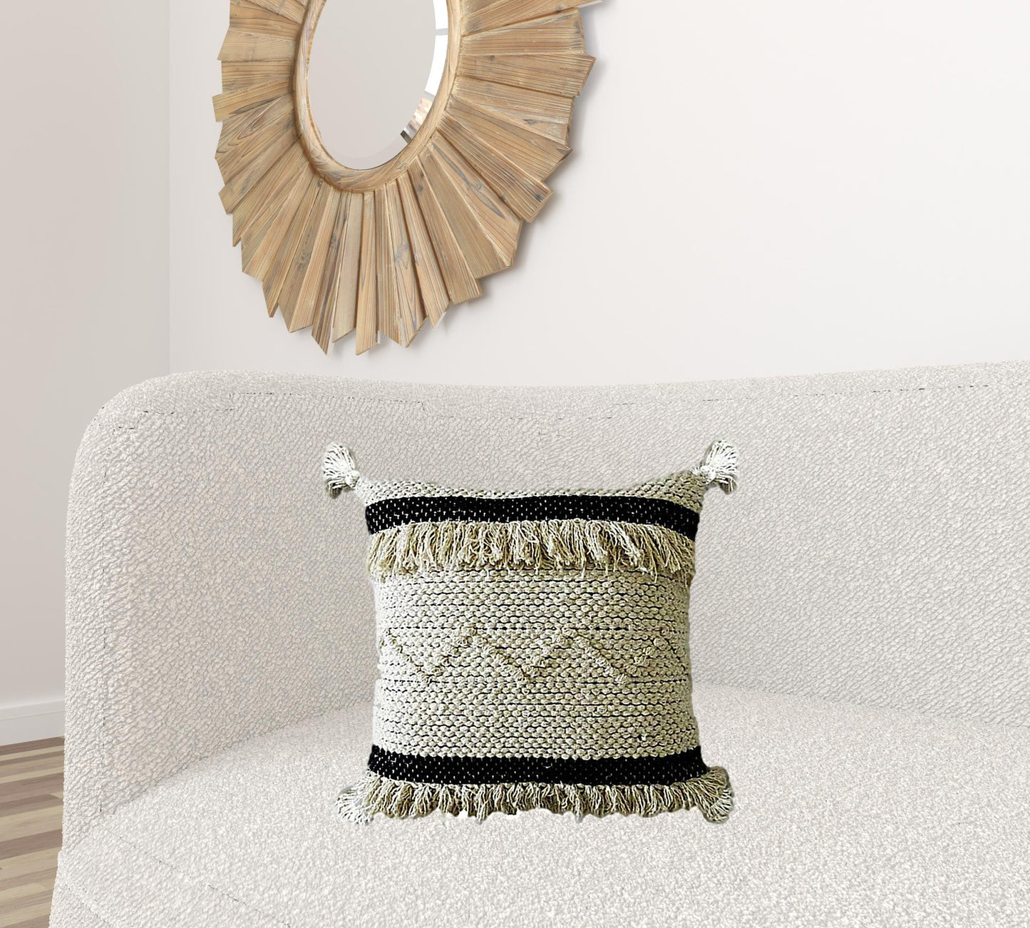 20" X 20" White And Black Ribbed Zippered Hand Loomed Cotton Blend Throw Pillow With Fringe