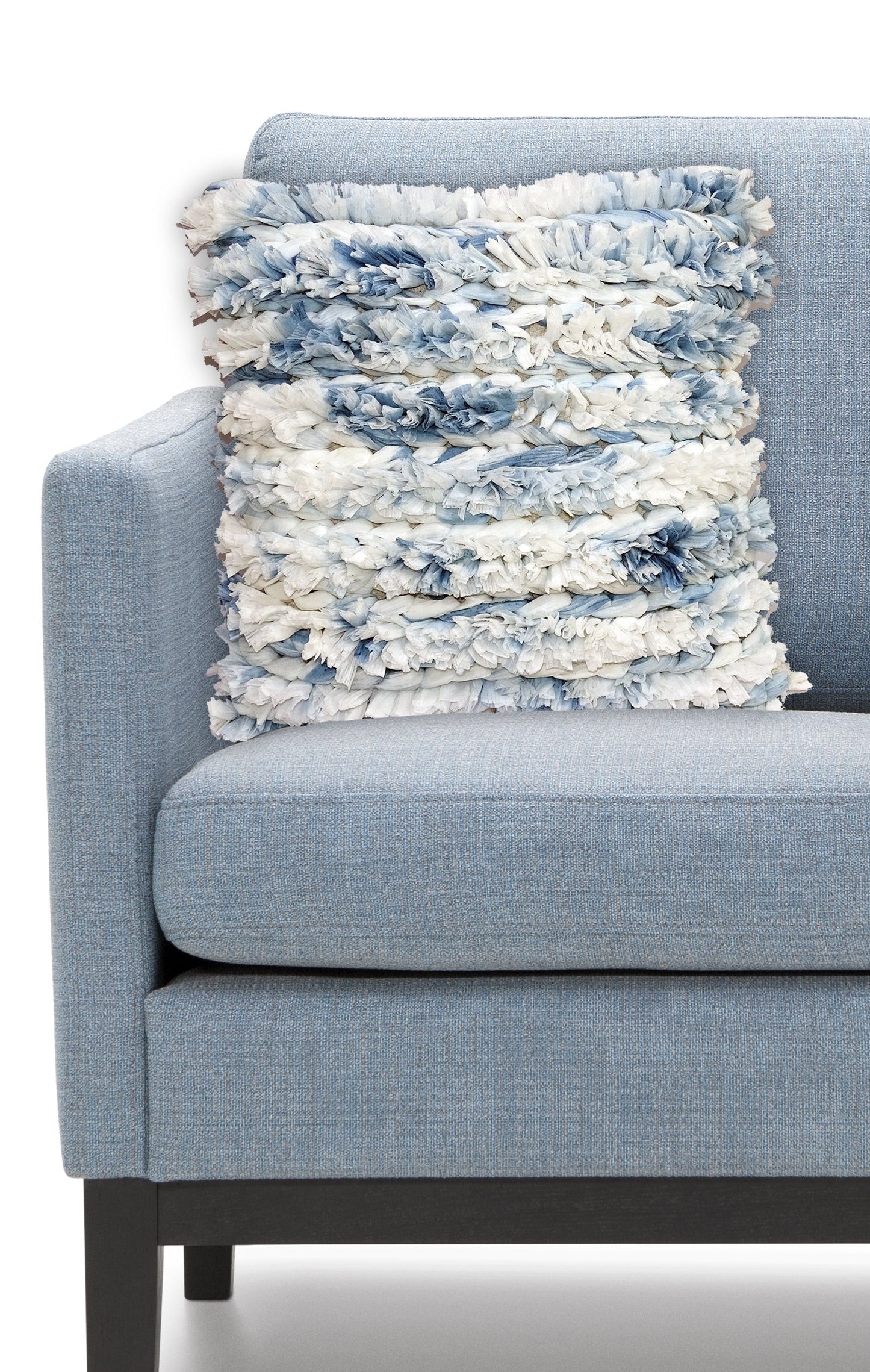 22" X 22" White And Blue Ombre Zippered Hand Loomed Cotton Blend Throw Pillow With Ruffles