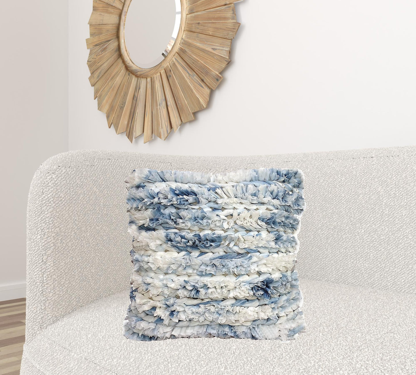 22" X 22" White And Blue Ombre Zippered Hand Loomed Cotton Blend Throw Pillow With Ruffles