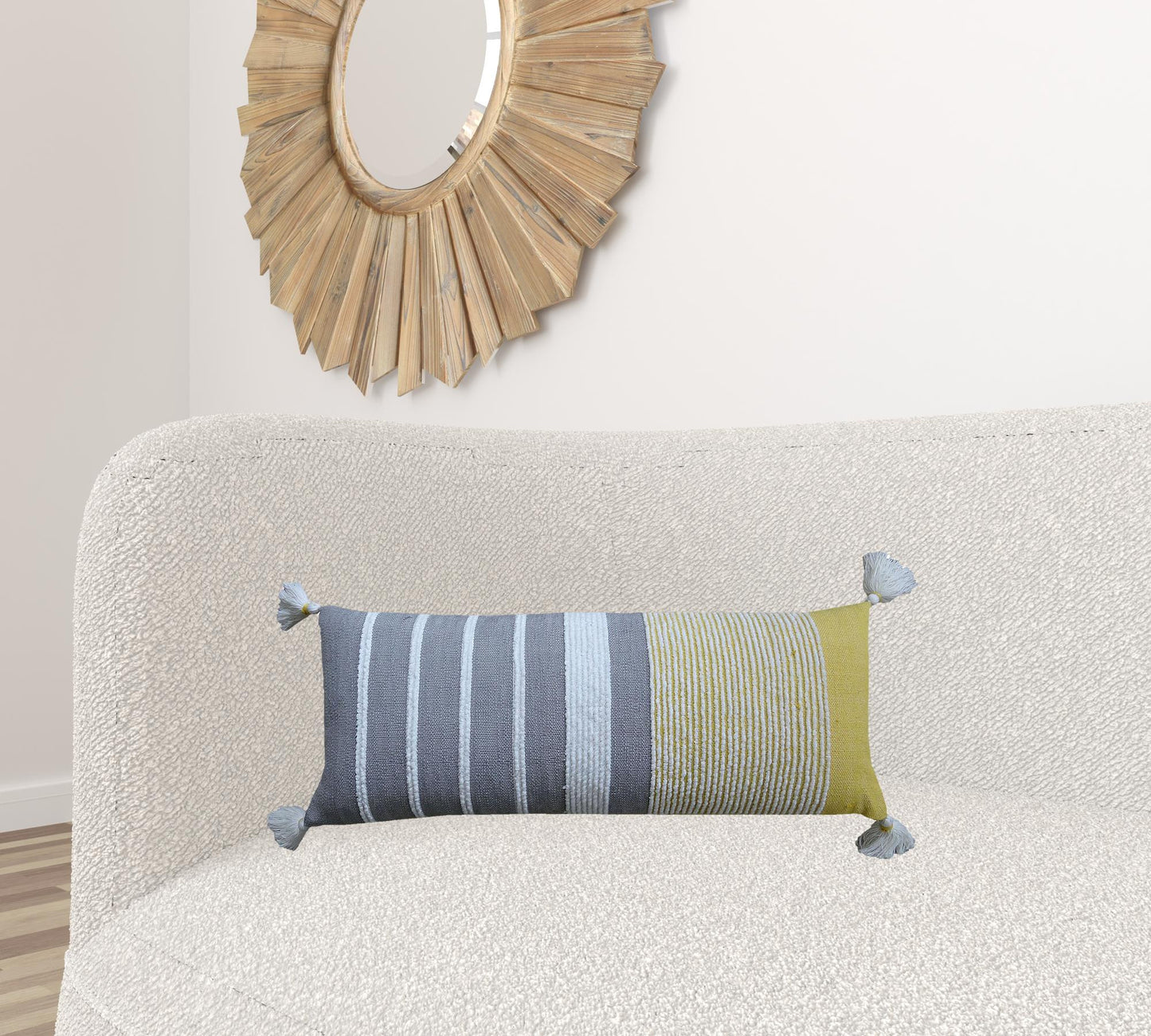 14" X 36" Gray And Yellow Striped Handmade Cotton Blend Throw Pillow With Tassels