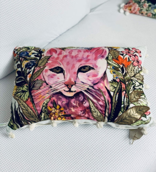 14" X 20" Pink Cat Zippered Handmade Cotton Blend Throw Pillow With Pom Poms