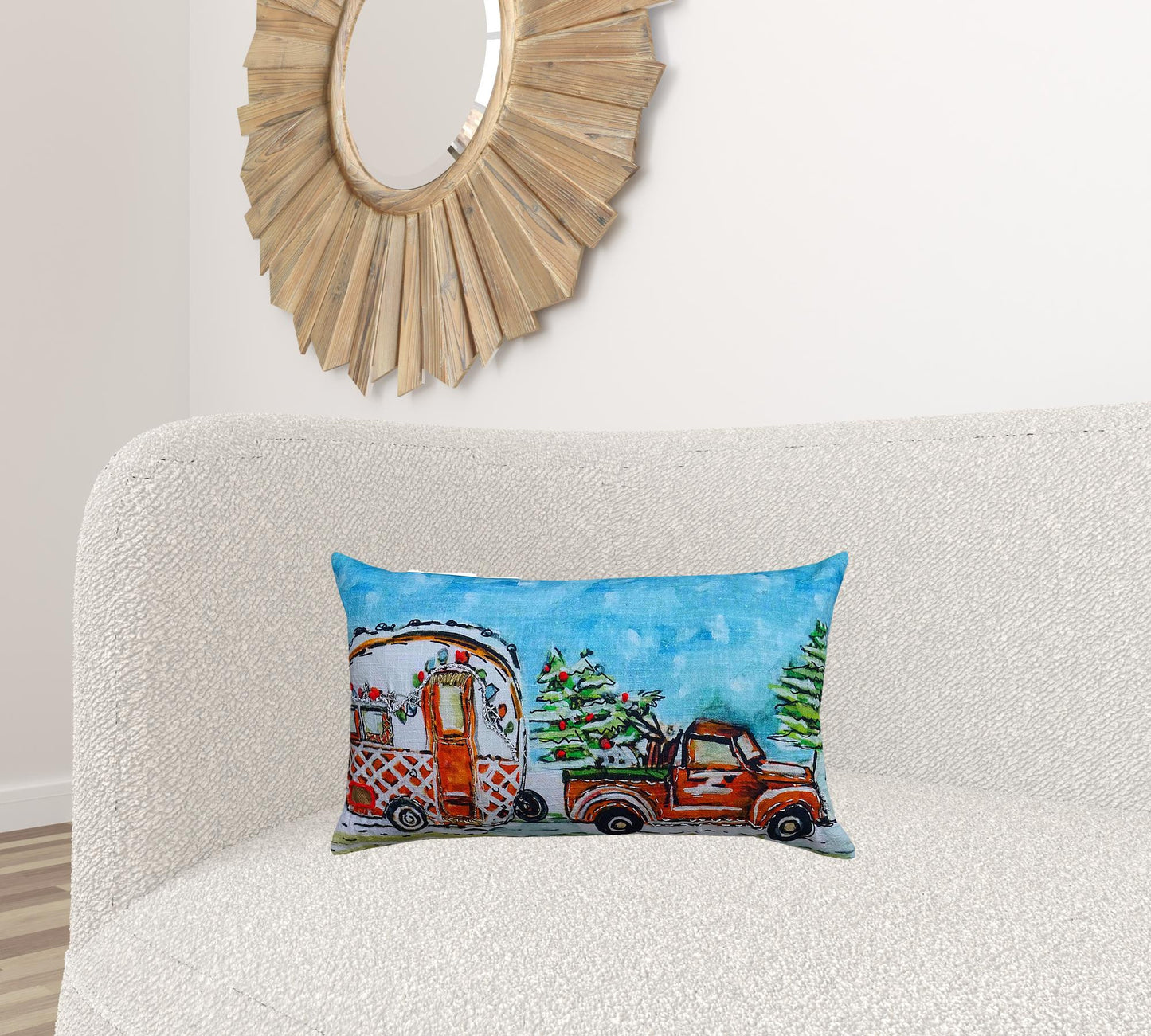 14" X 20" Red and Blue Christmas Holiday Van Throw Pillow