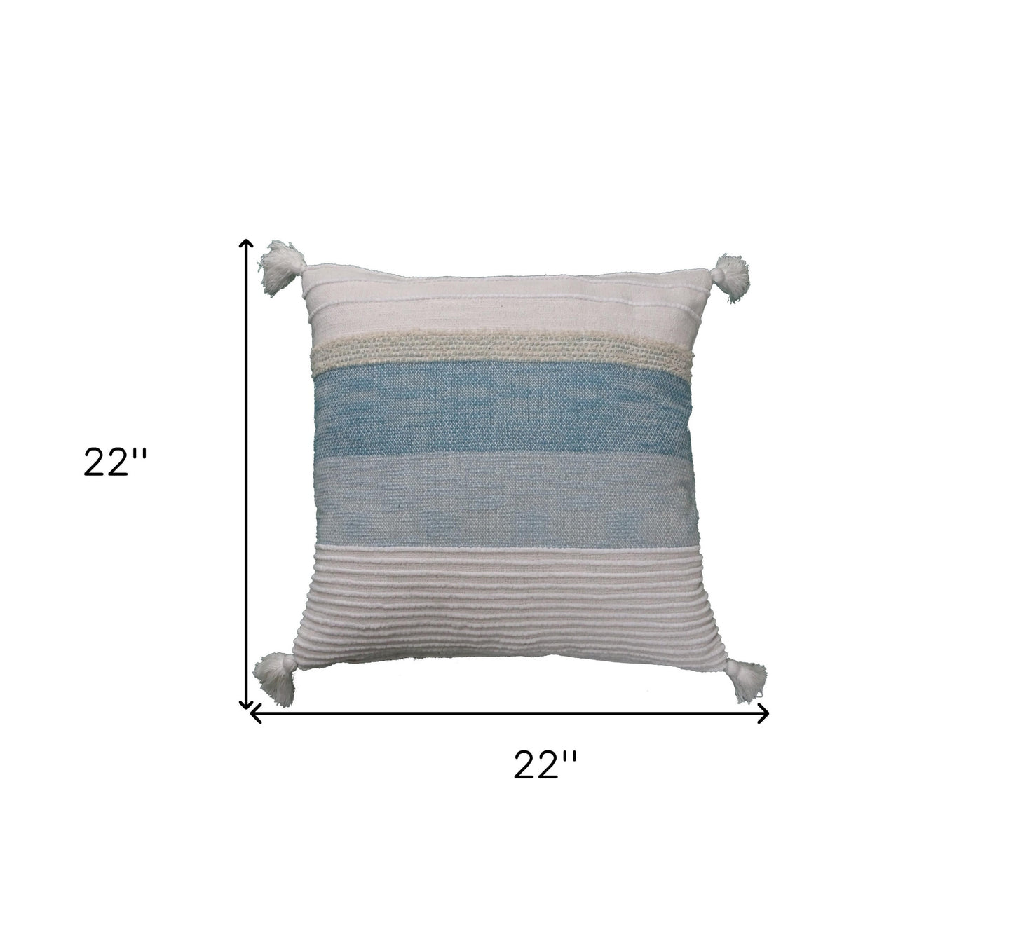 22" X 22" White And Light Blue Striped Zippered Handmade Cotton Blend Throw Pillow With Tassels