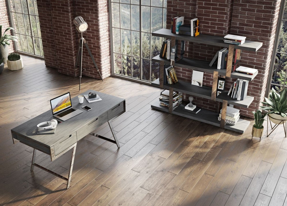 63" Gray and Chrome Rectangular Writing Desk With Three Drawers