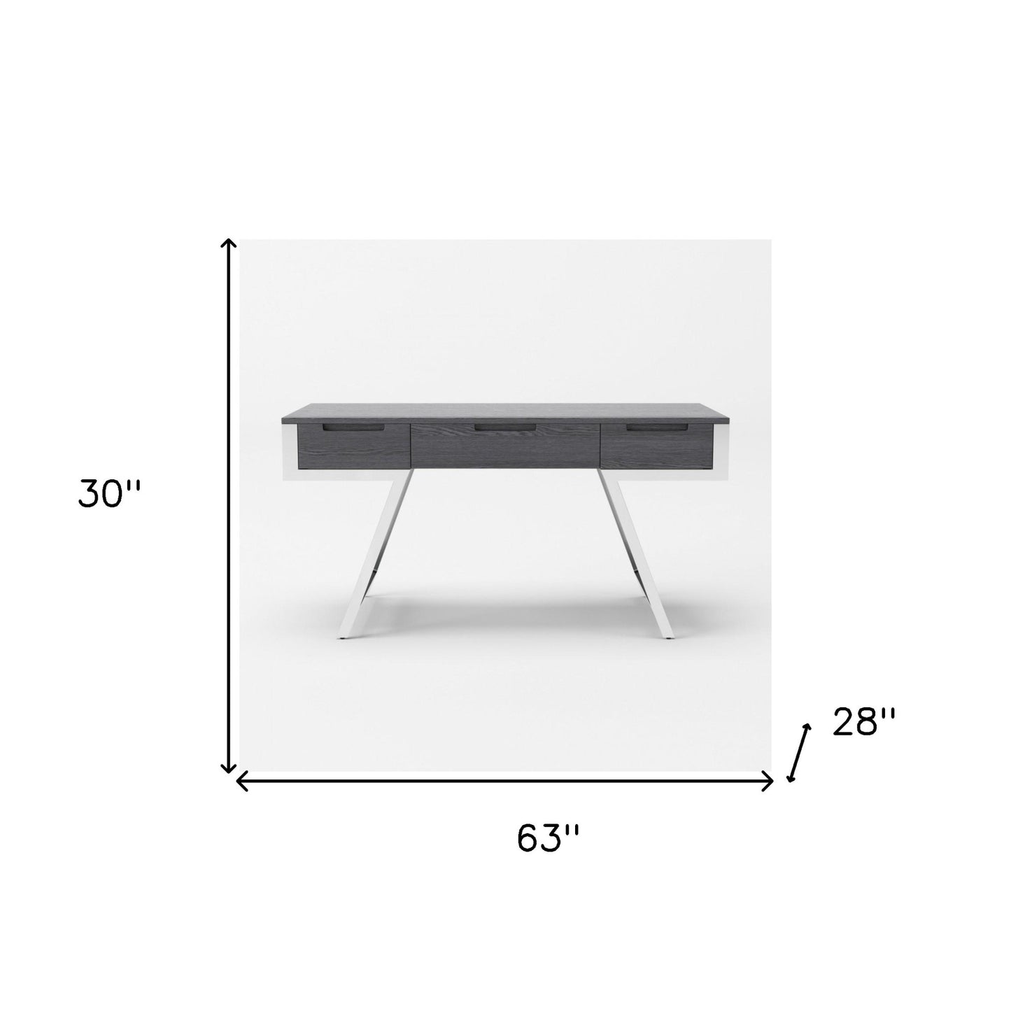 63" Gray and Chrome Rectangular Writing Desk With Three Drawers