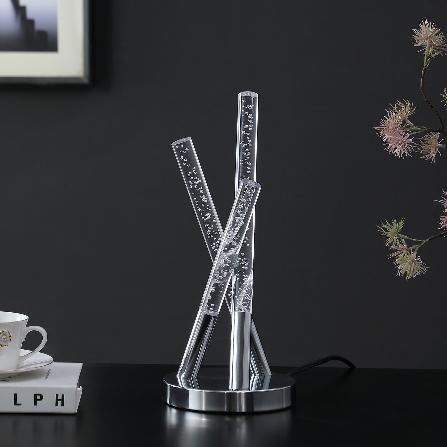 15" Silver Acrylic and Metal Three Rod Abstract Table Lamp