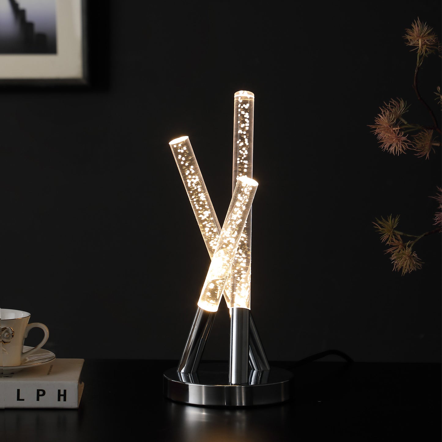 15" Silver Acrylic and Metal Three Rod Abstract Table Lamp