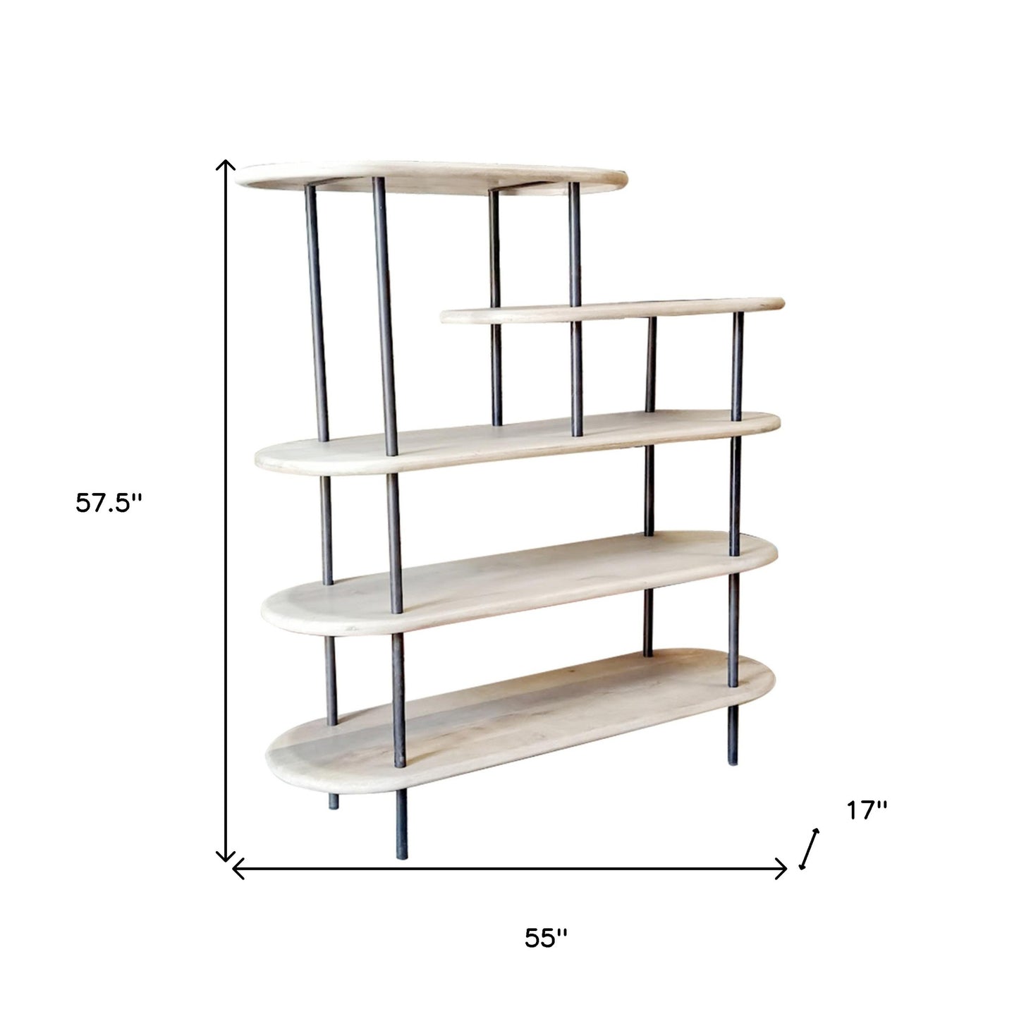 58" Whitewash Solid Wood and Gray Iron Five Tier Oval Bookcase