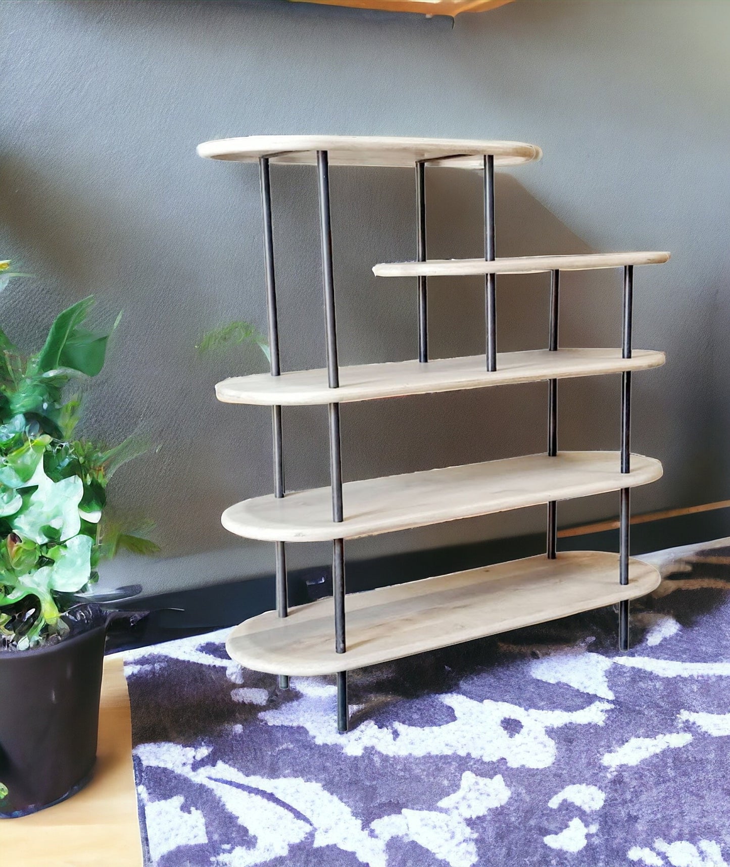 58" Whitewash Solid Wood and Gray Iron Five Tier Oval Bookcase
