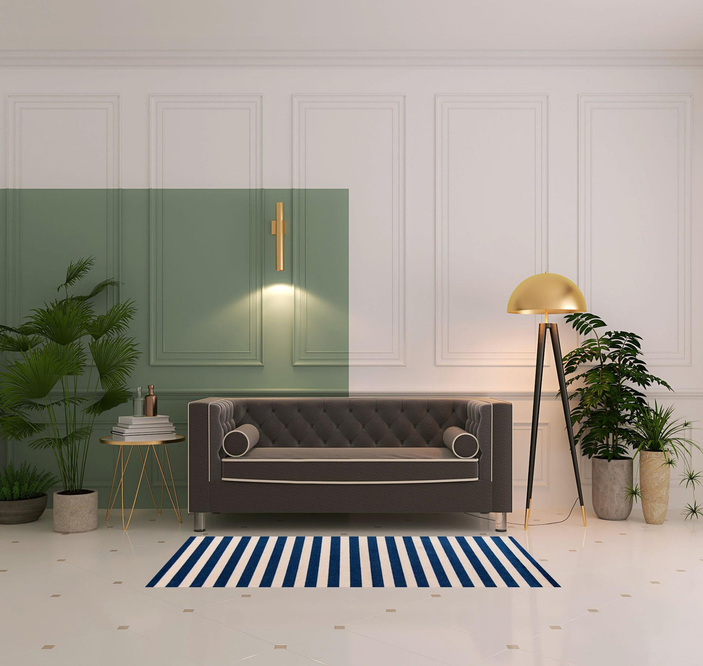 2' X 6' Navy And Sand Striped Tufted Washable Non Skid Area Rug