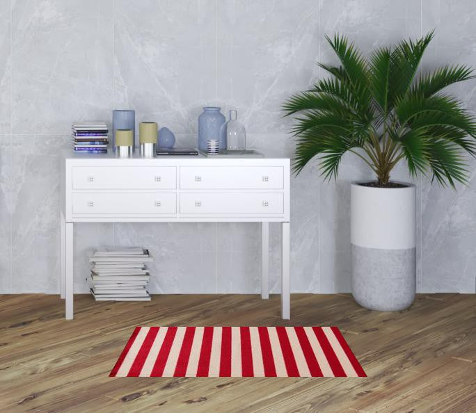 2' X 4' Red And Sand Striped Tufted Washable Non Skid Area Rug