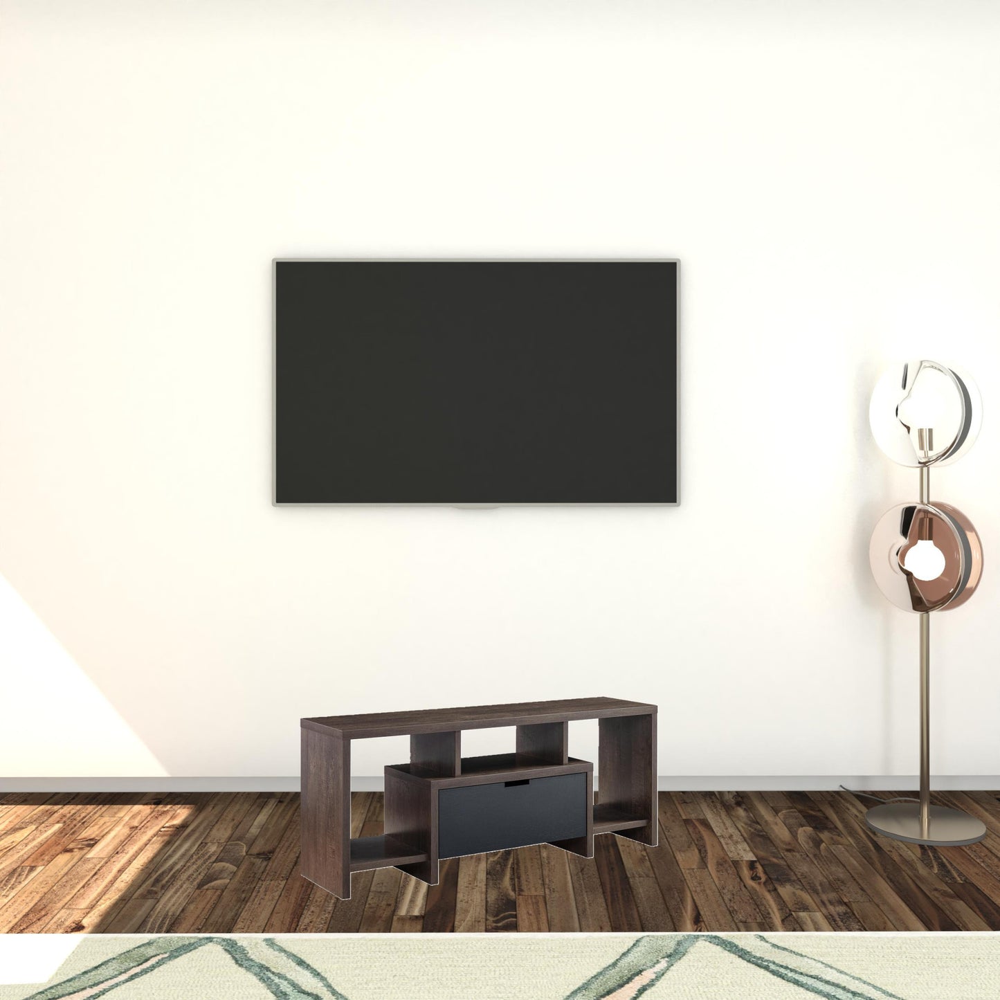 47" Walnut Oak And Black Manufactured Wood Cabinet Enclosed Storage TV Stand