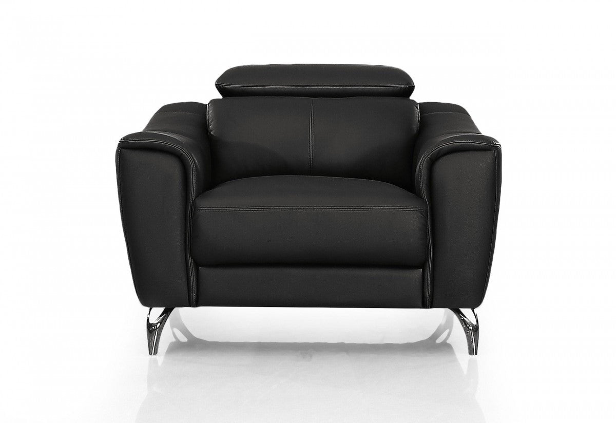 42" Black Genuine Leather And Silver Solid Color Lounge Chair