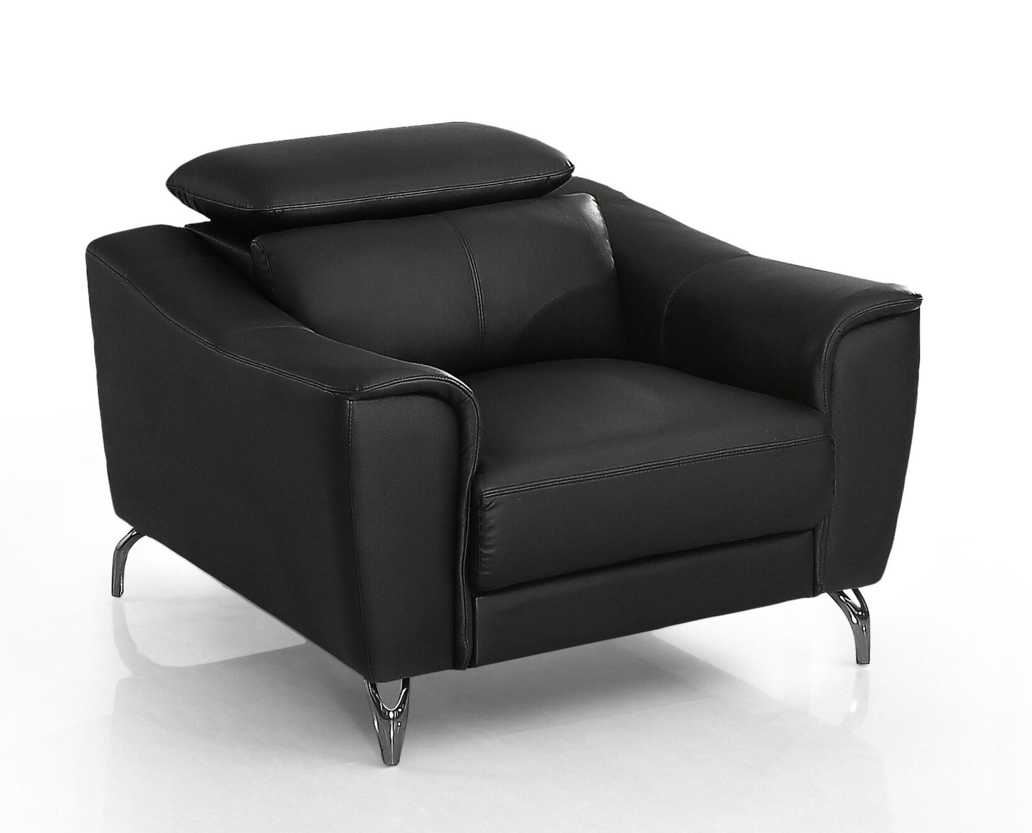42" Black Genuine Leather And Silver Solid Color Lounge Chair