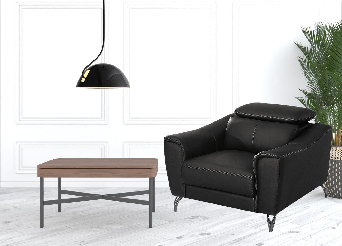 42" Black Genuine Leather And Silver Solid Color Lounge Chair