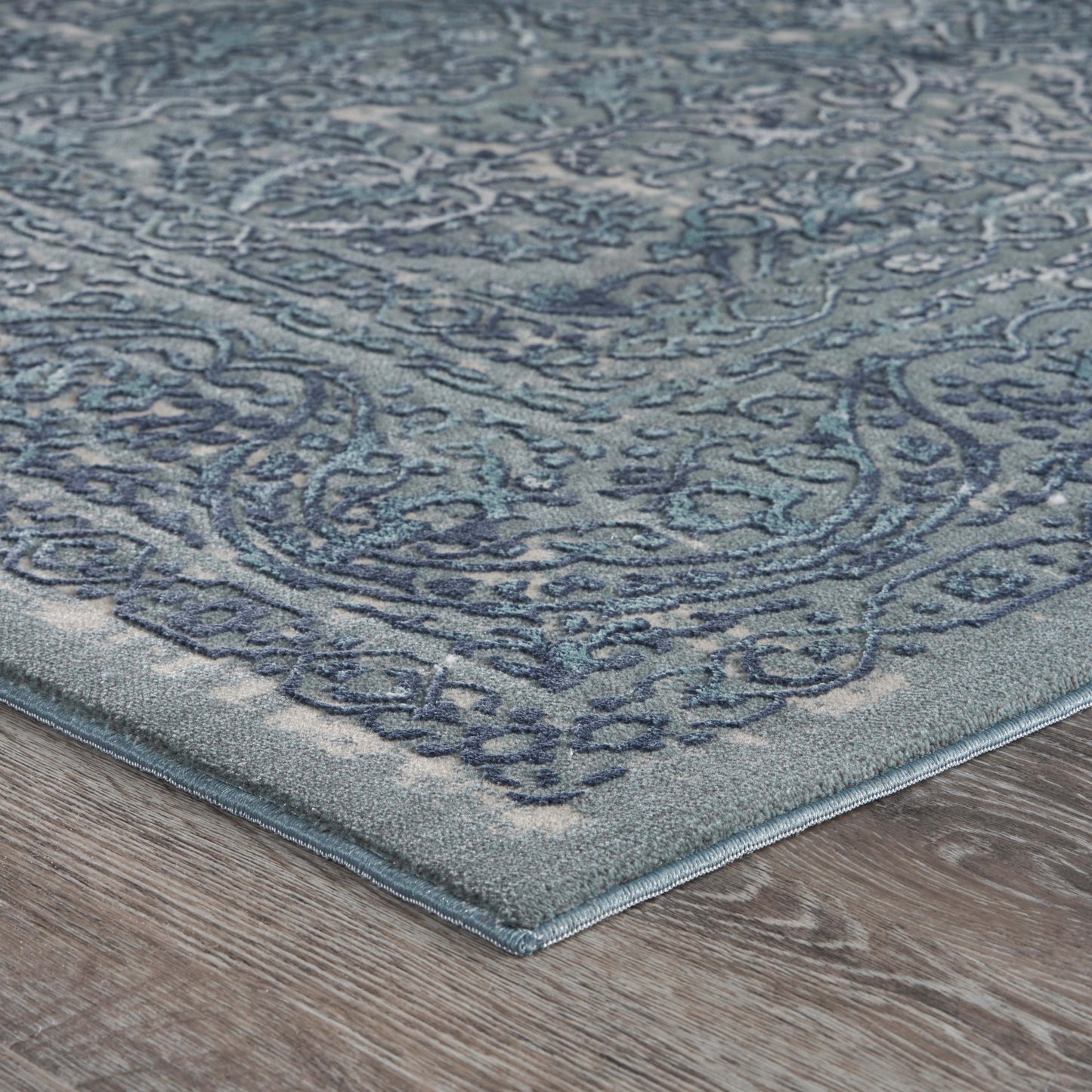 10' X 13' Blue Silver Gray And Cream Damask Distressed Stain Resistant Area Rug
