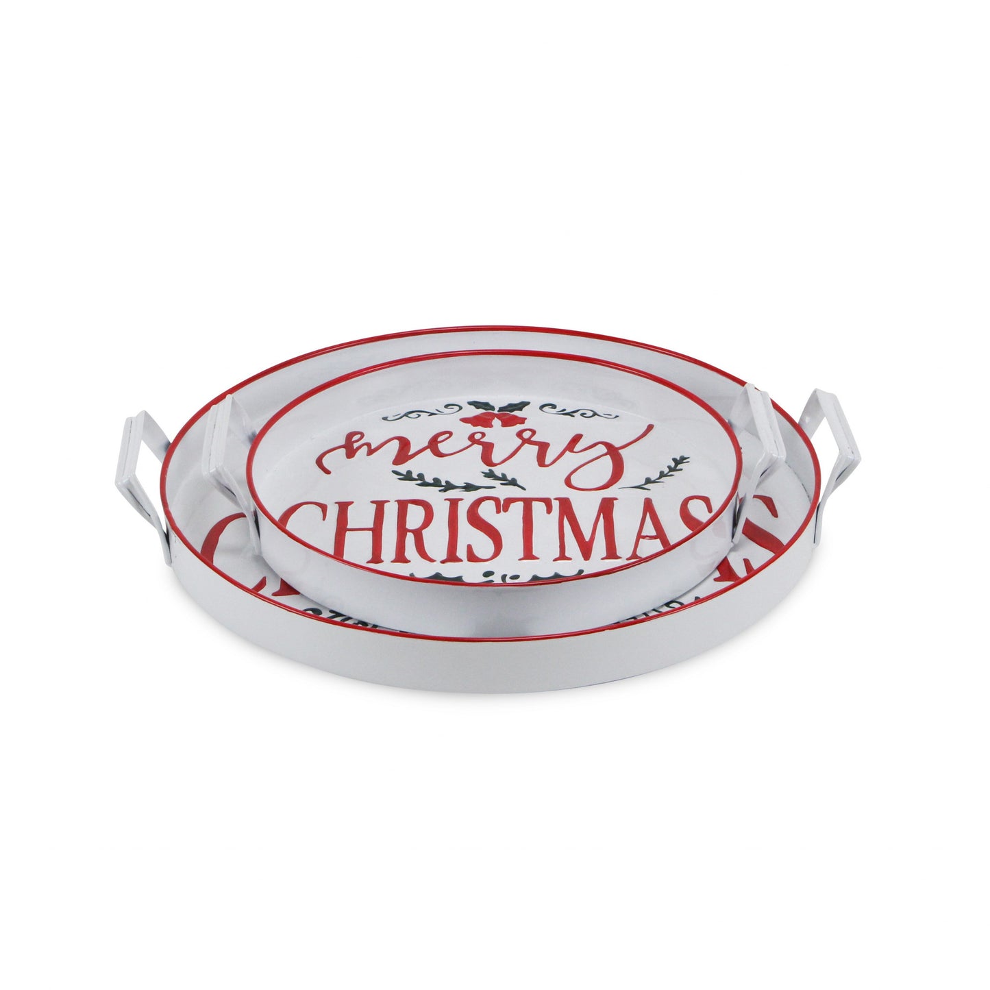 18" White Round Metal Christmas Handmade Tray With Handles