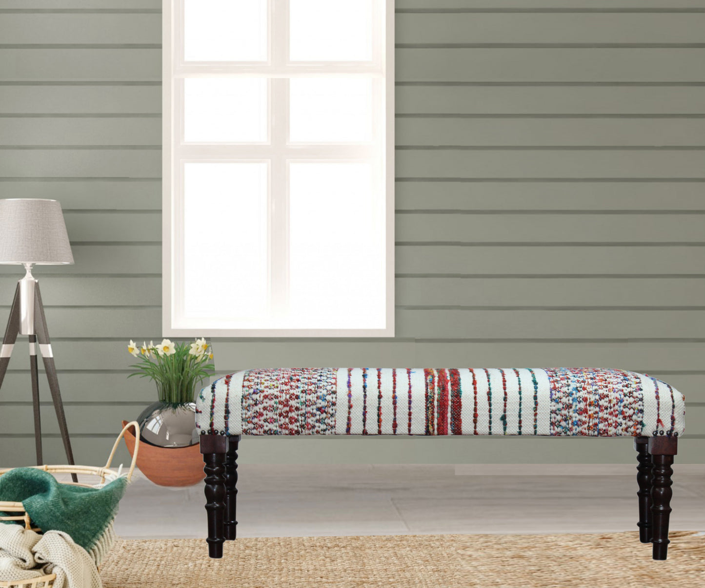 47" Ivory Red and Pink Black Leg Chevron Stripe Upholstered Bench