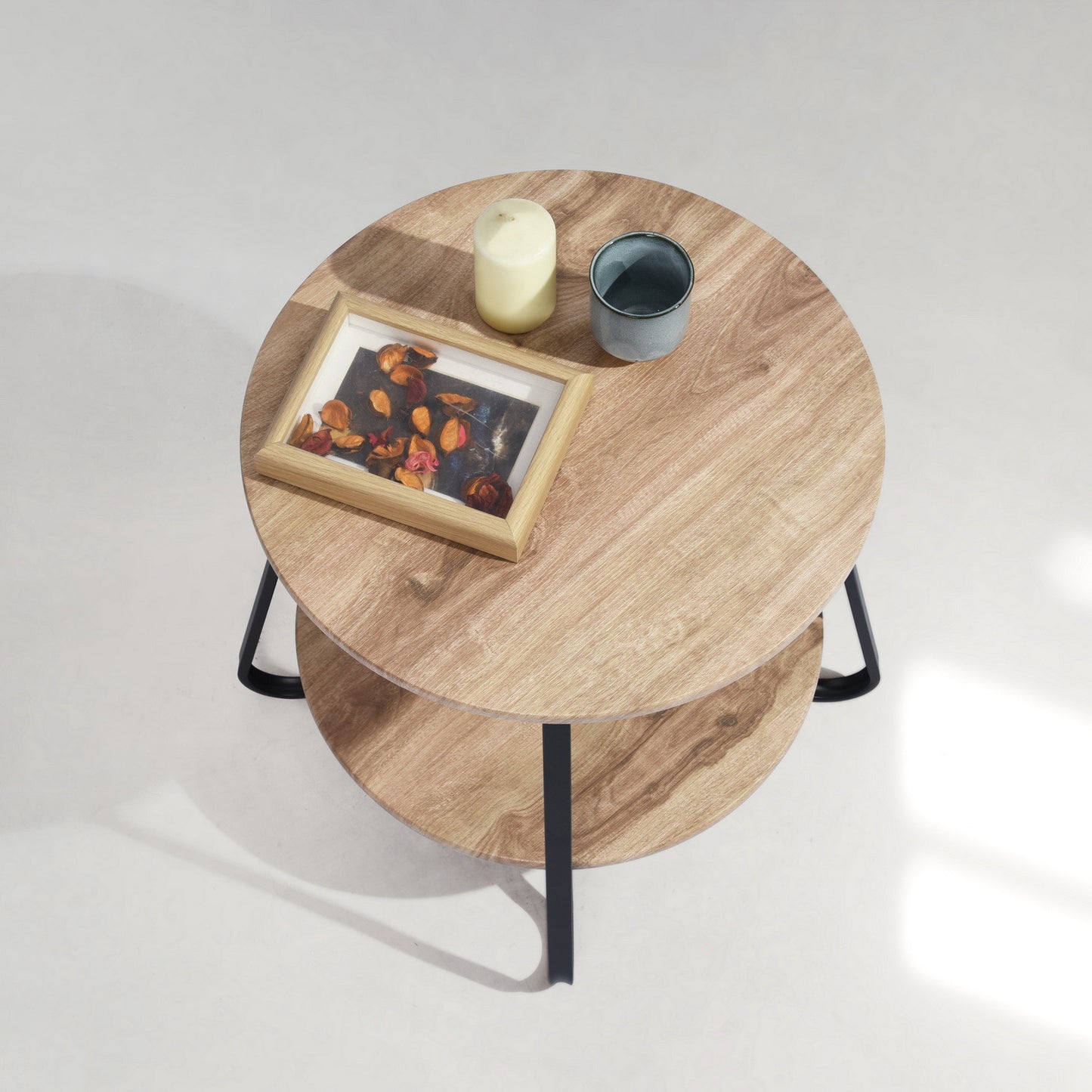 18" Black And Oak Manufactured Wood And Steel Round End Table