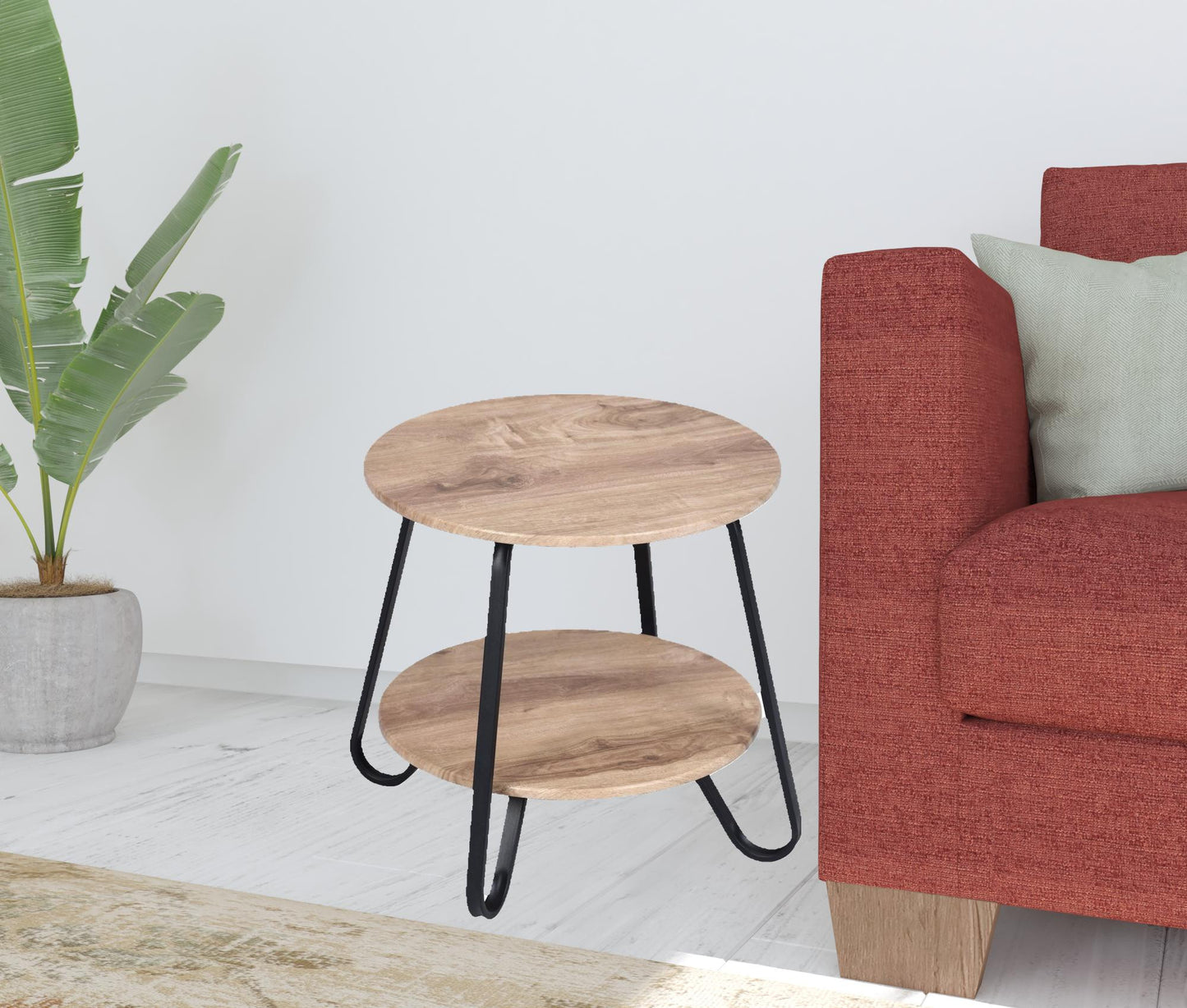 18" Black And Oak Manufactured Wood And Steel Round End Table
