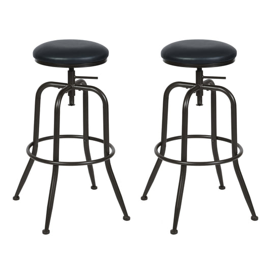 Set Of Two 30" Brown And Black Steel Swivel Backless Bar Chairs With Footrest