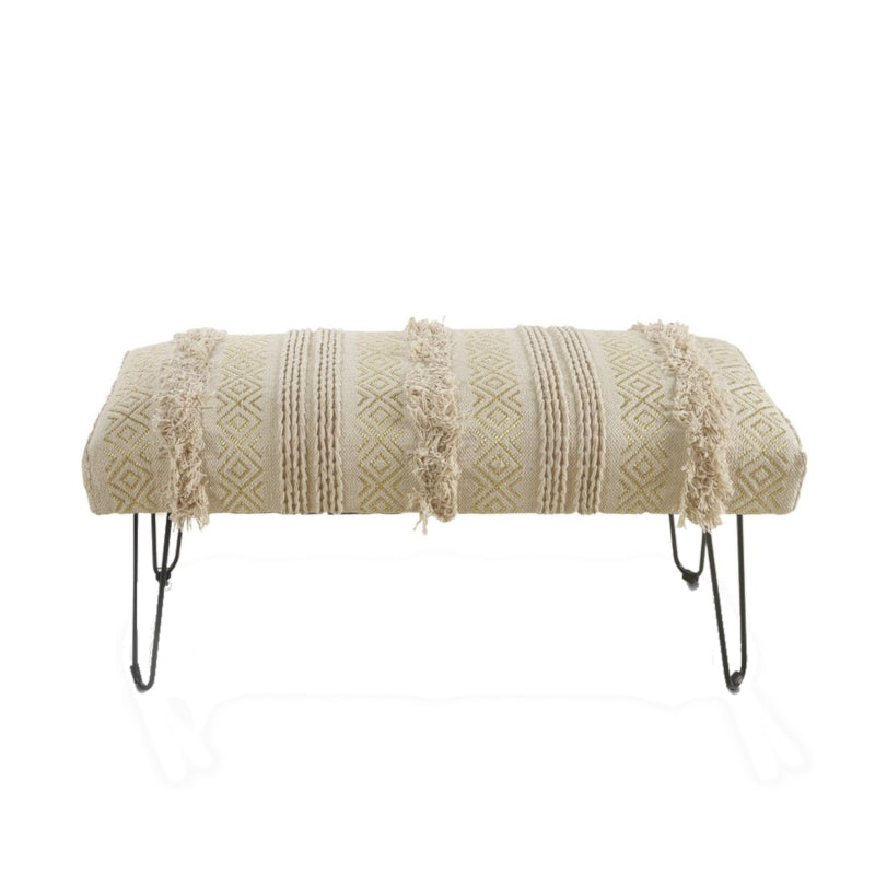 47" Ivory And Gold Geometric Black Leg Upholstered Bench