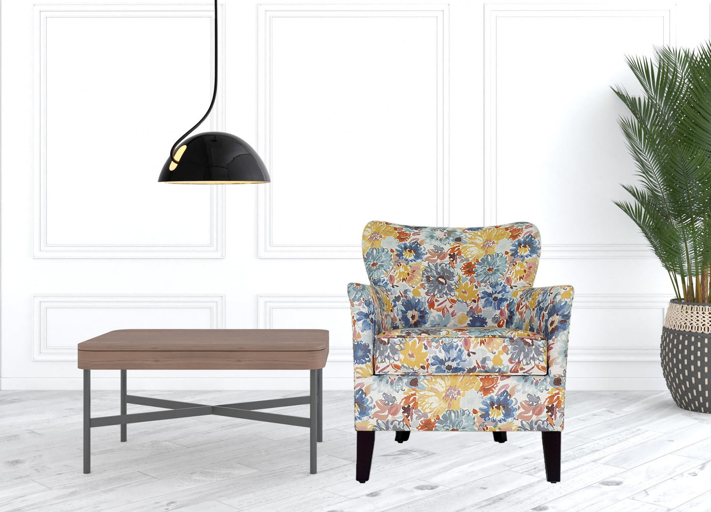 29" Blue Yellow And Brown Polyester Blend Floral Arm Chair