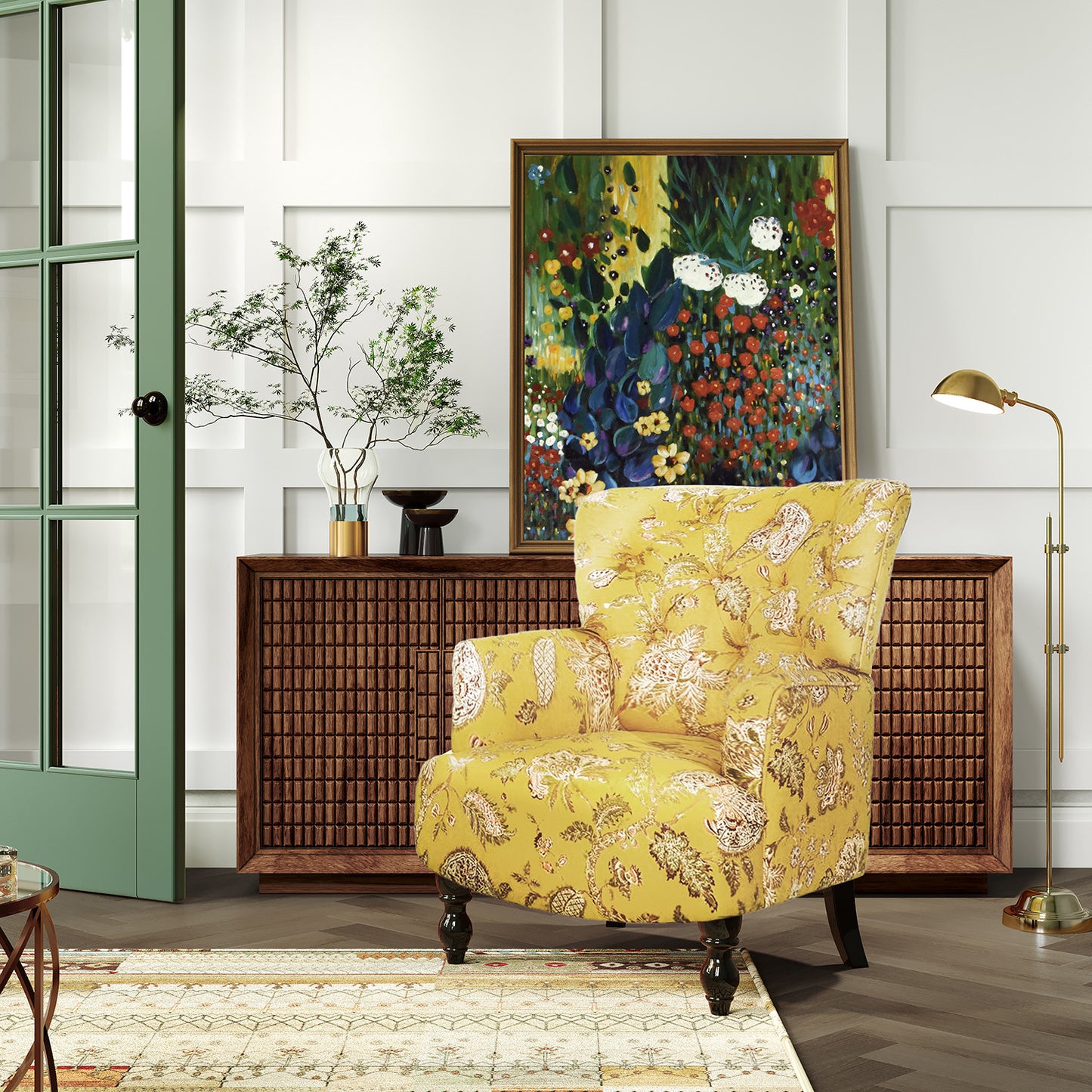 28" Golden Yellow Green And Brown Polyester Blend Toile Arm Chair