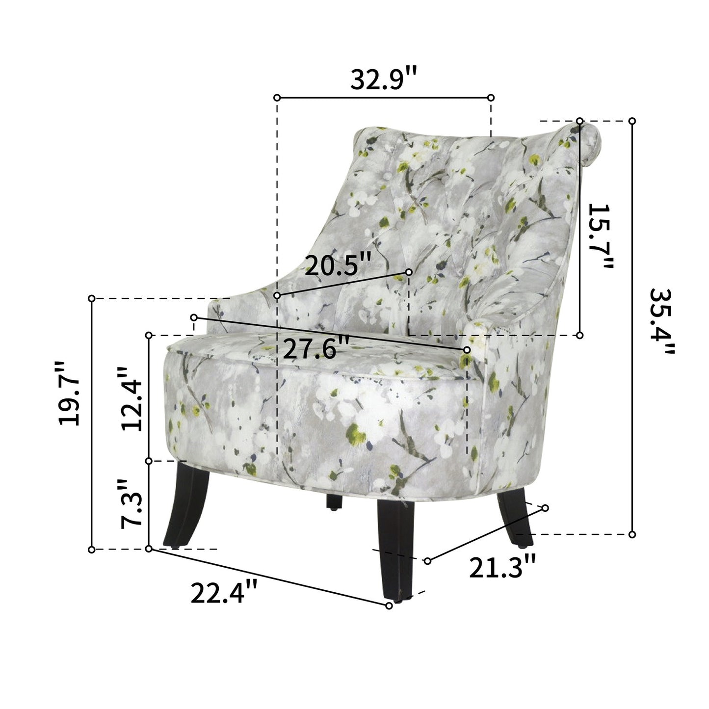 28" Grey Green White And Brown Polyester Blend Floral Wingback Chair