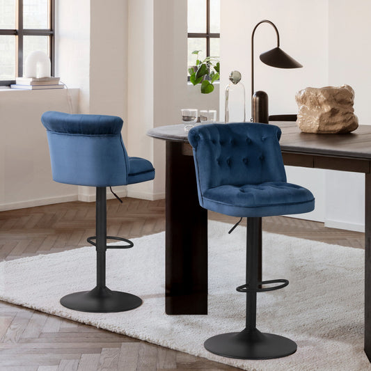 45" Blue And Black Swivel Low Back Adjustable Height Bar Chair With Footrest
