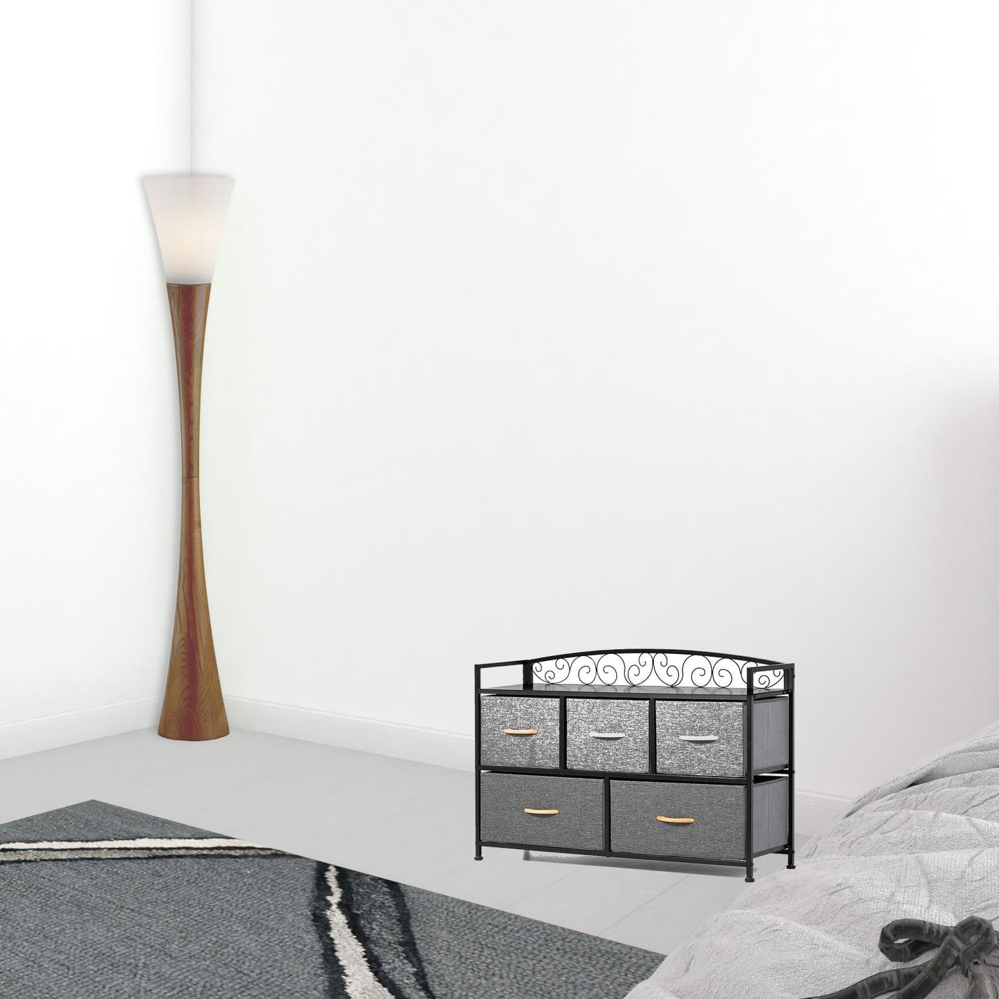 39" Gray and Black Steel and Fabric Five Drawer Combo Dresser