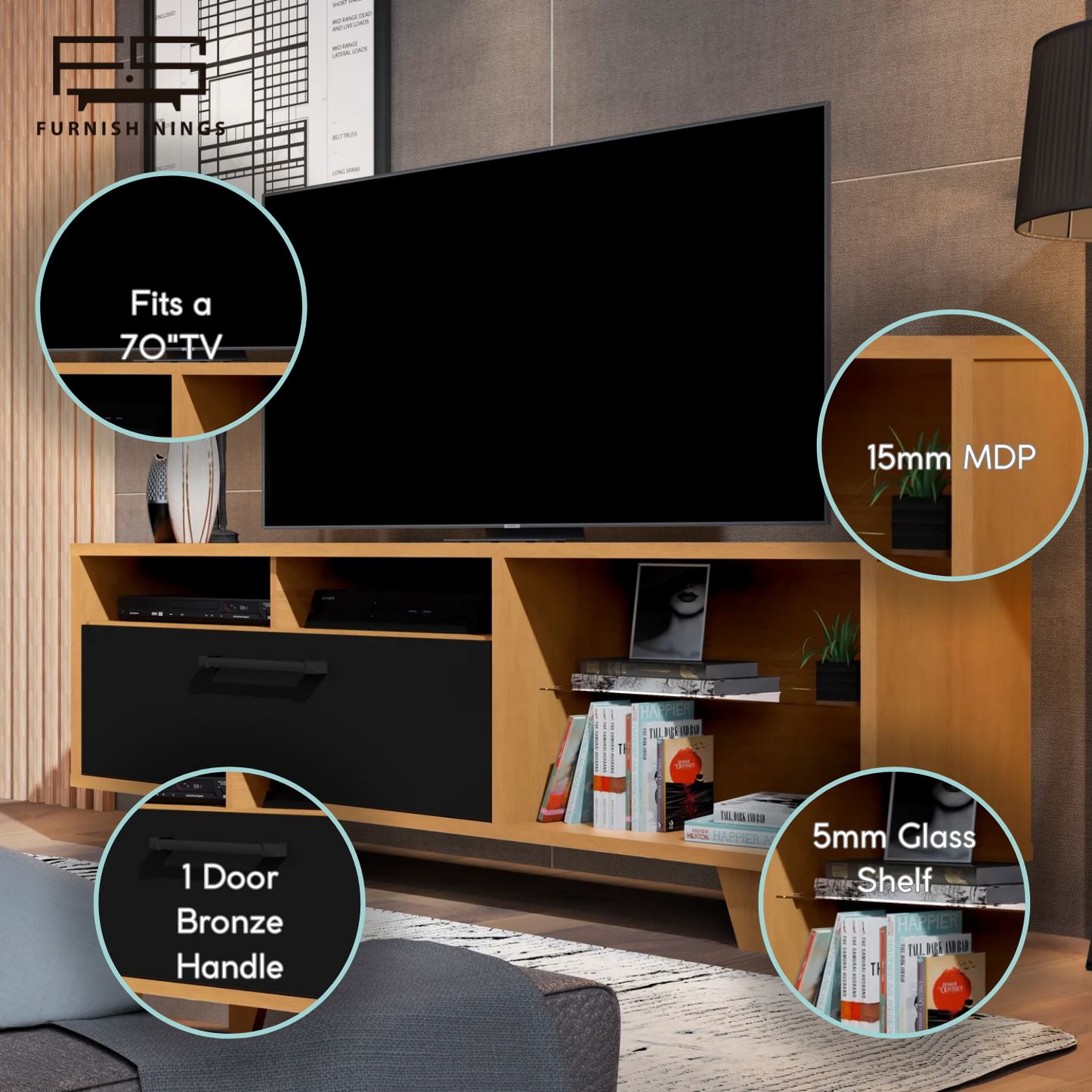 Open Shelving TV Stand With Legs For Up To 70" TV