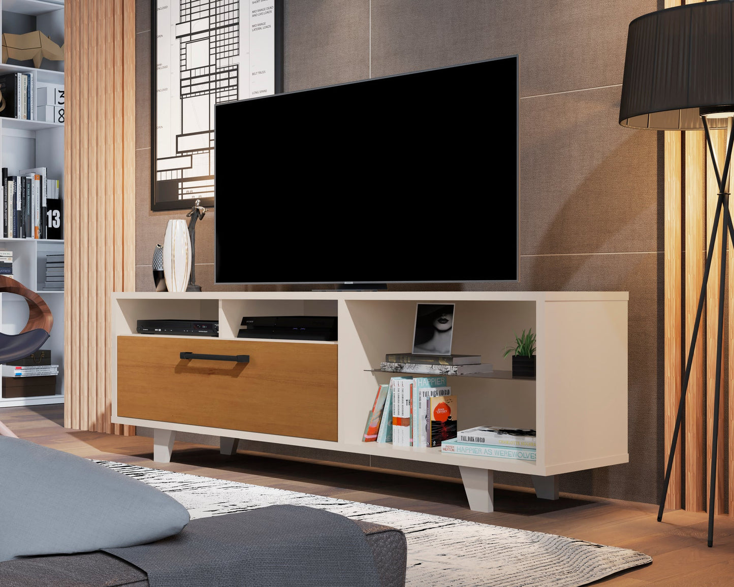 71" Off White Open shelving TV Stand