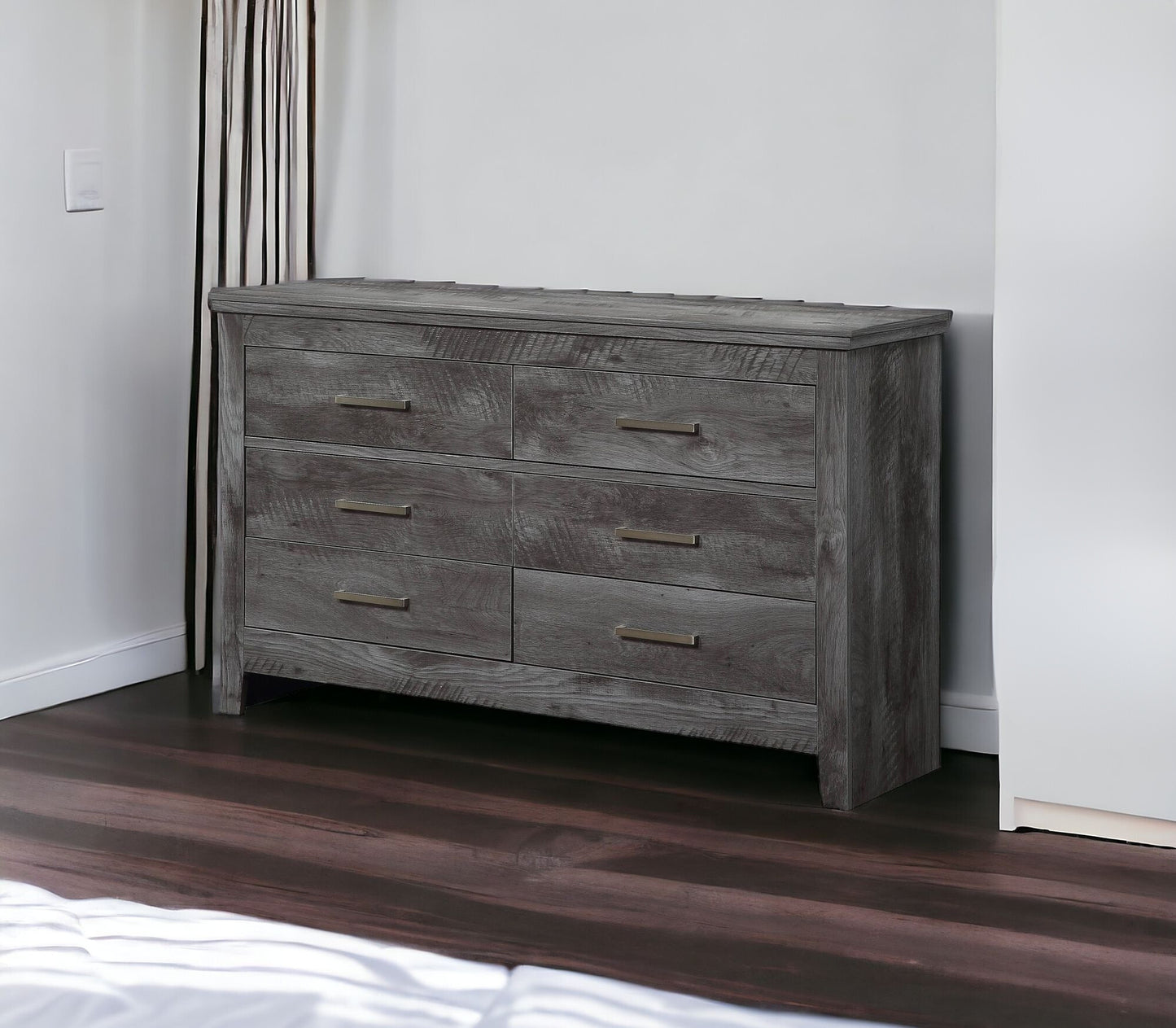 57" Gray Solid and Manufactured Wood Six Drawer Double Dresser