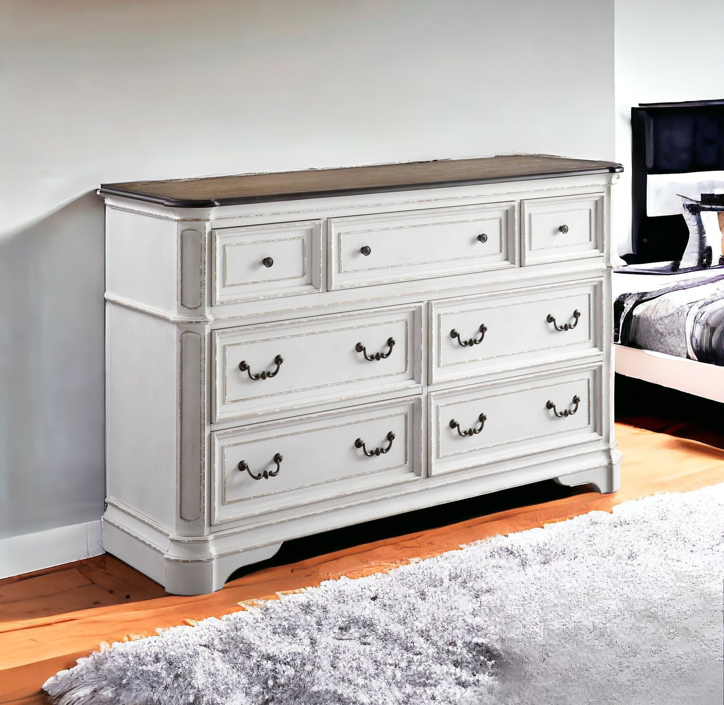 64" Brown and White Solid and Manufactured Wood Seven Drawer Triple Dresser