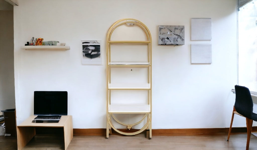78" White and Gold Metal Four Tier Etagere Bookcase