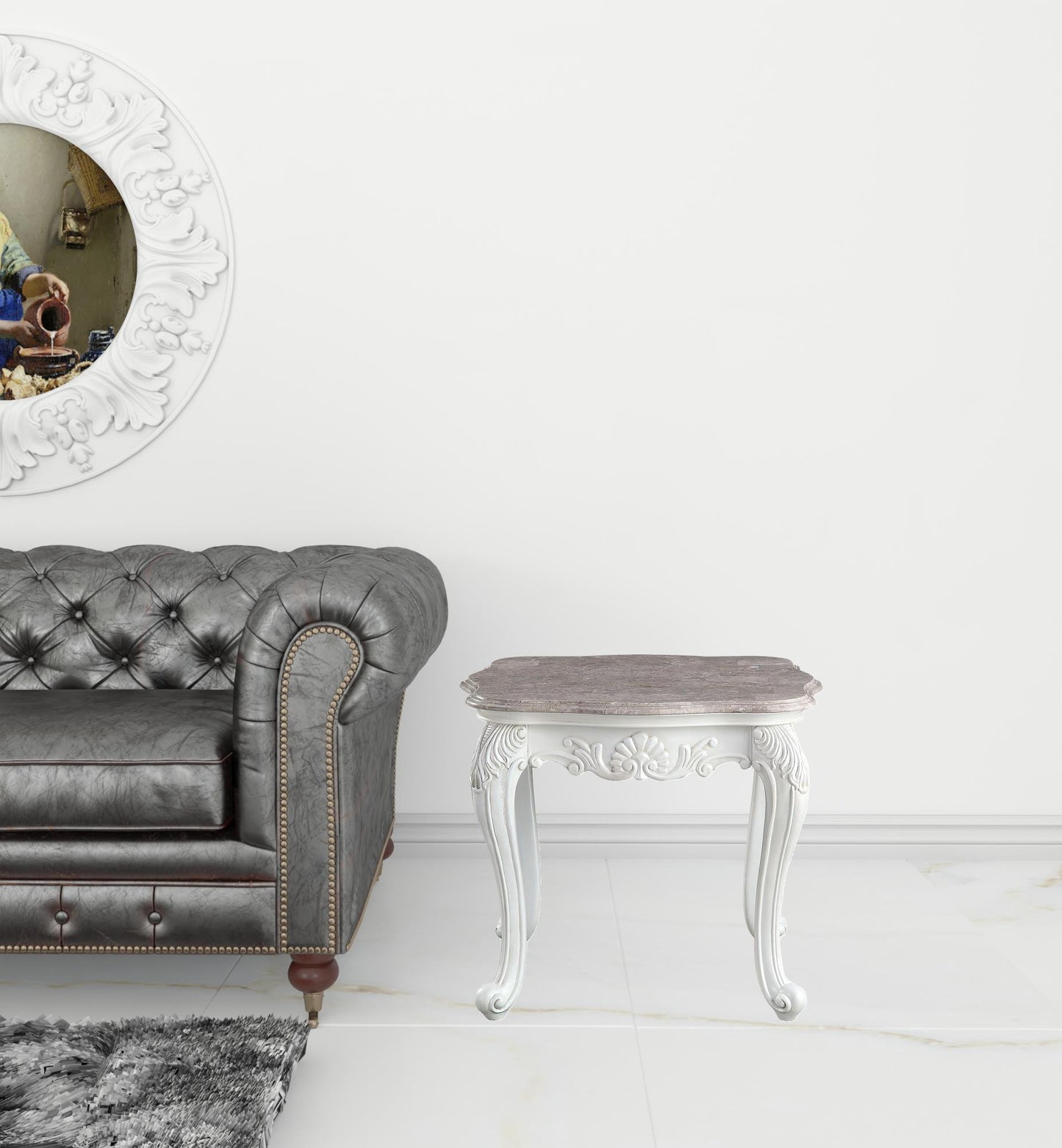 24" White And Marble Marble And Polyresin Rectangular End Table