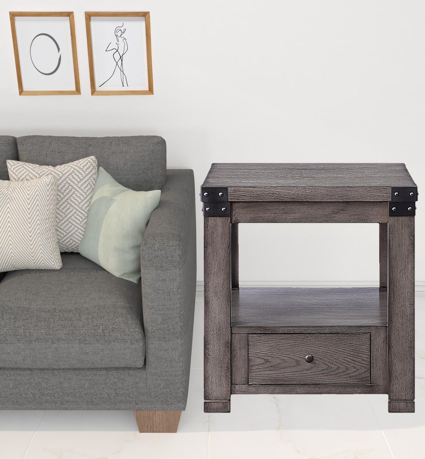 24" Ash Gray Square End Table With Drawer And Shelf