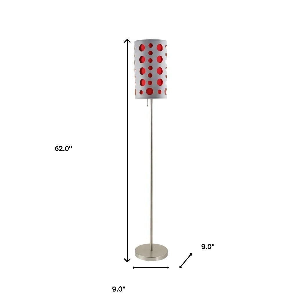 62" Satin Nickel and Red Chrome Modern Floor Lamp