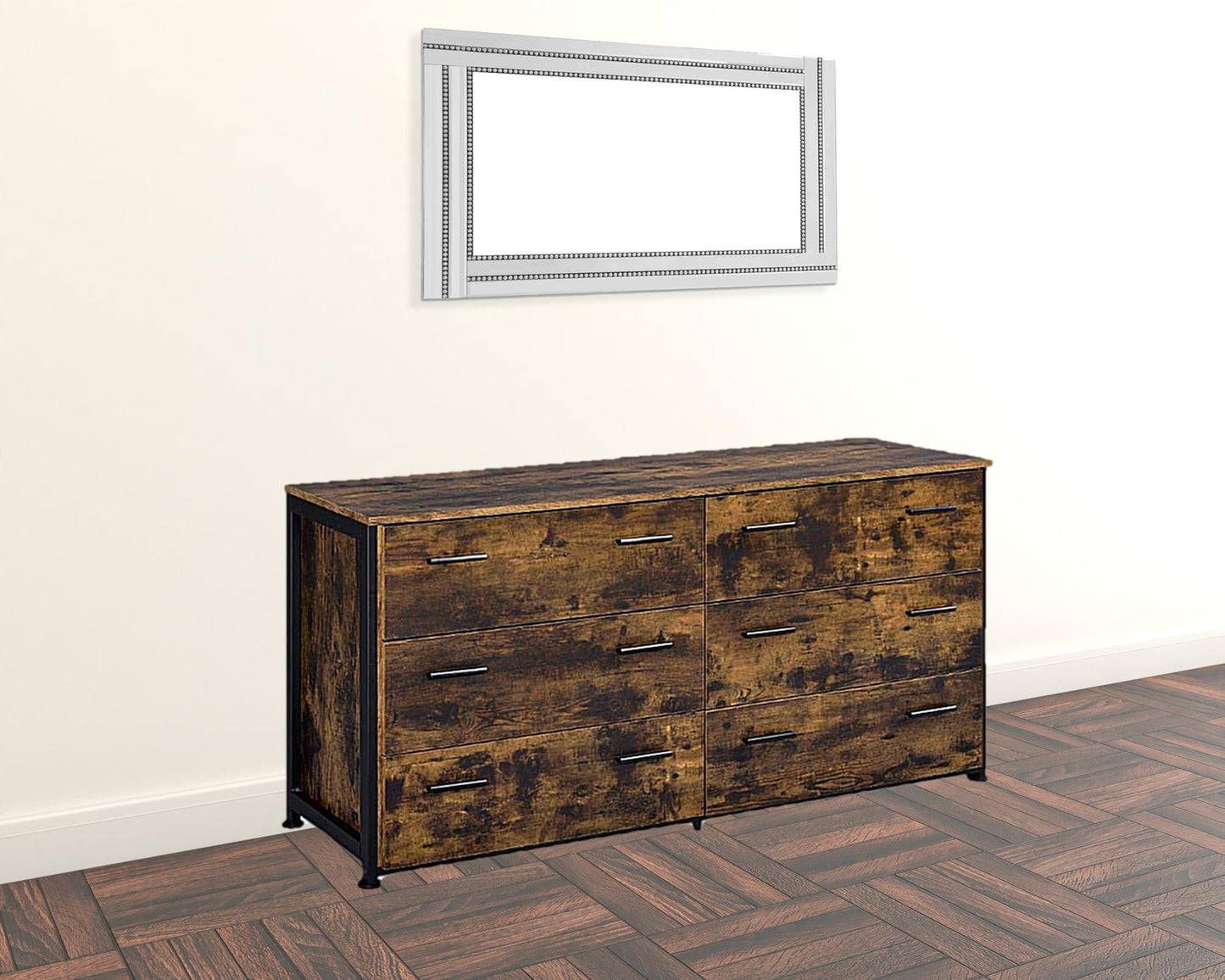 59" Brown and Black Six Drawer Double Dresser