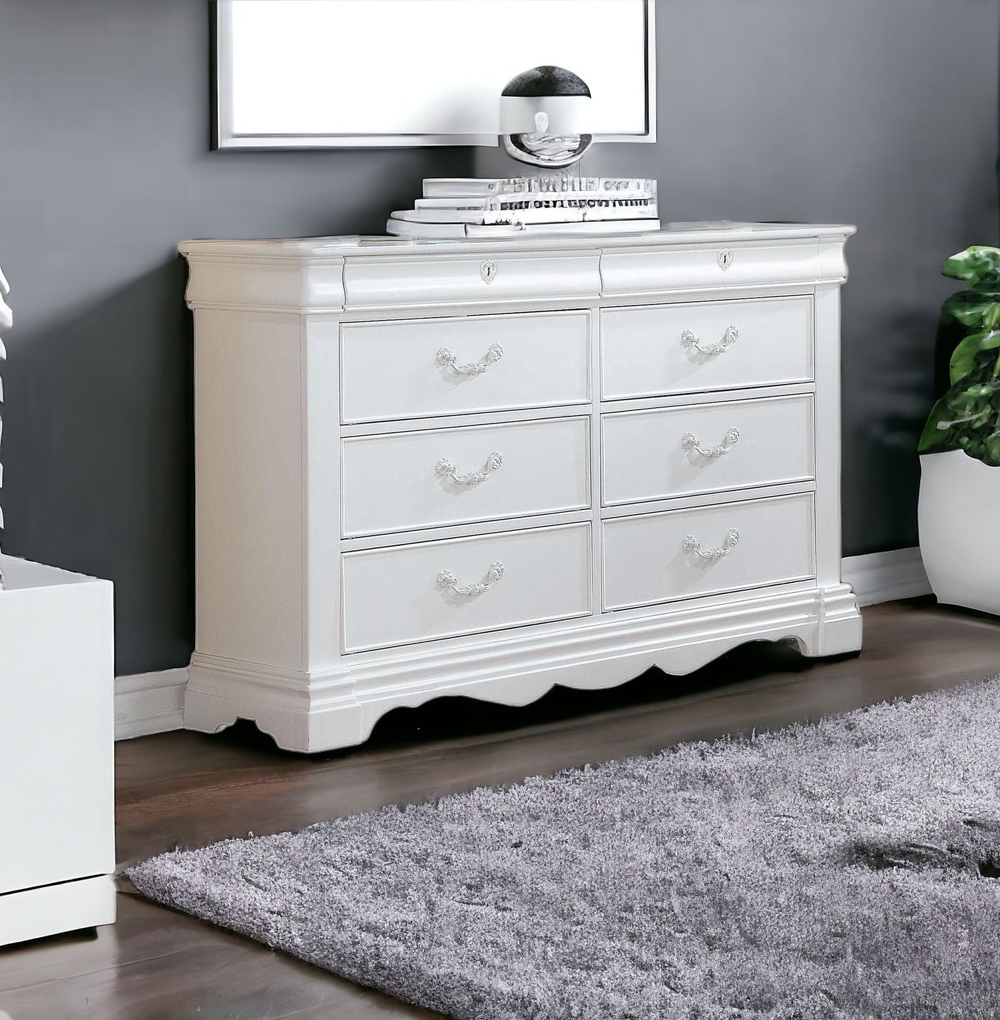 56" White Solid Wood Eight Drawer Double Dresser