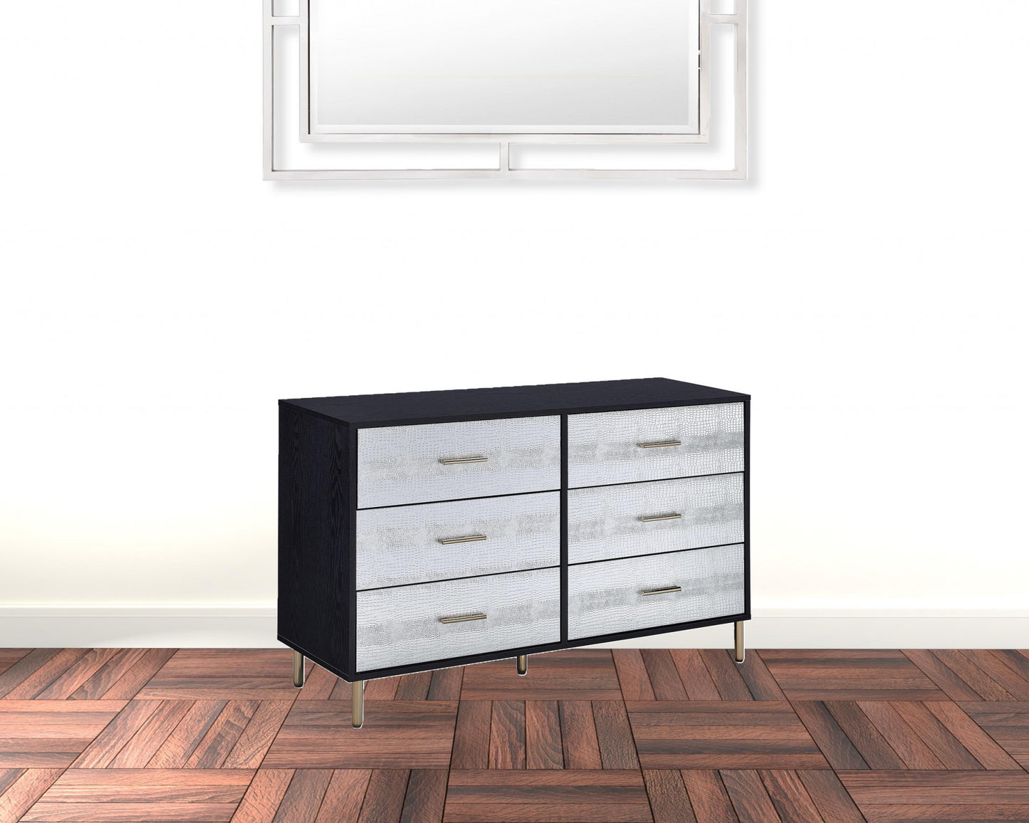 47" Black Silver and Gold Faux Croc Design Six Drawer Double Dresser