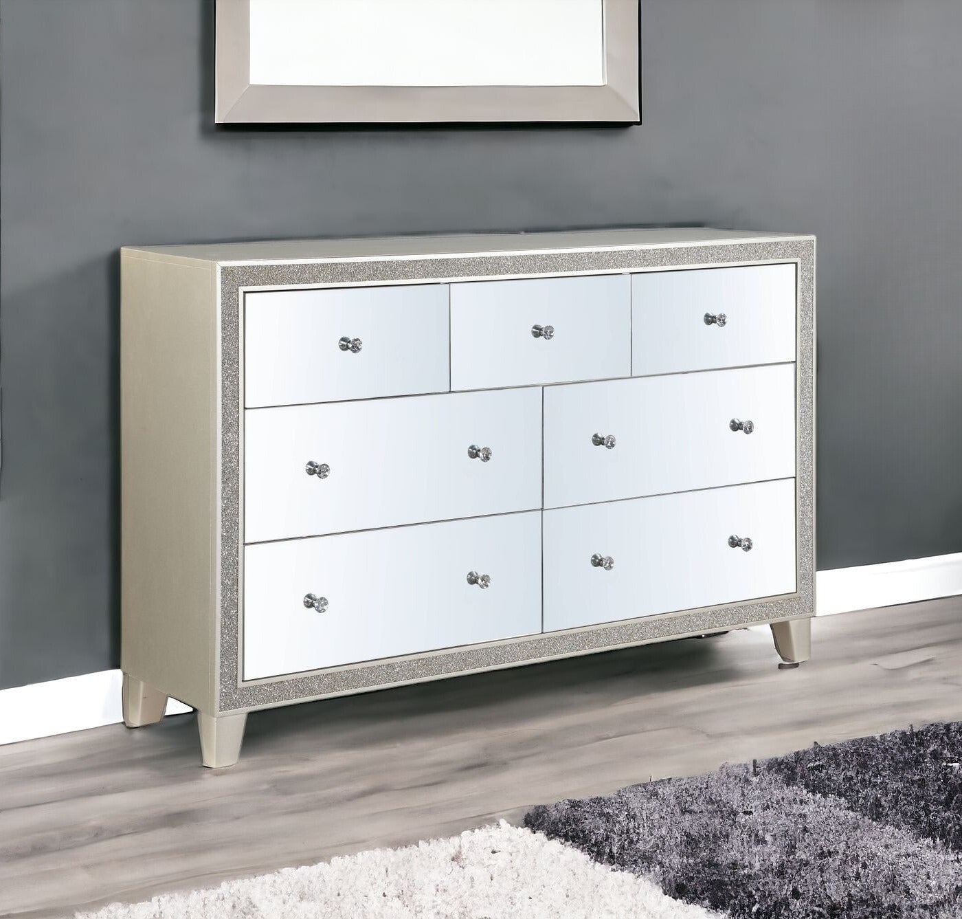 63" Champagne Solid and Manufactured Wood Mirrored Seven Drawer Triple Dresser