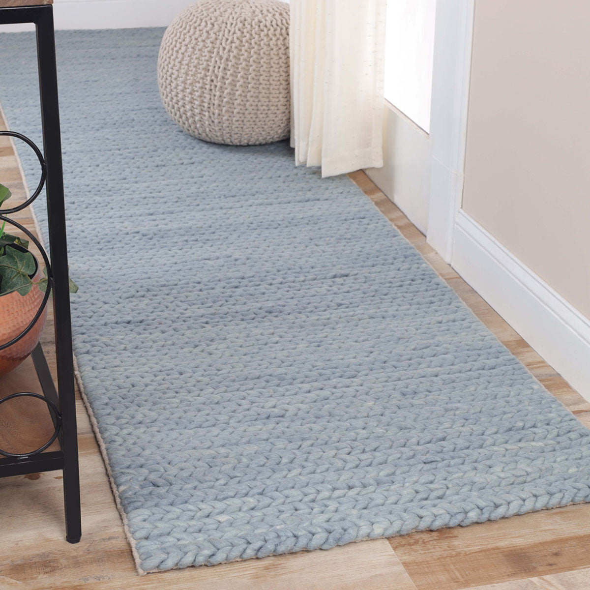 10' Light Blue Wool Handmade Stain Resistant Runner Rug