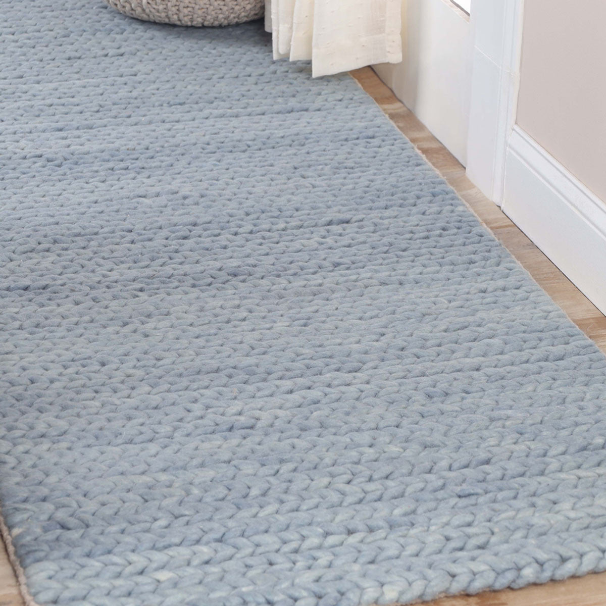 10' Light Blue Wool Handmade Stain Resistant Runner Rug