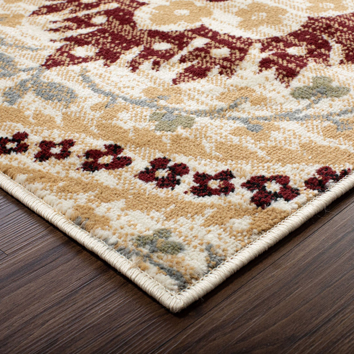 8' Camel Gray And Rust Floral Stain Resistant Runner Rug