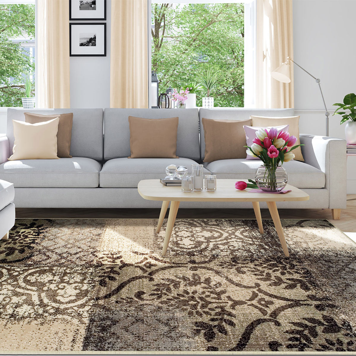 8' X 10' Tan And Brown Damask Distressed Stain Resistant Area Rug